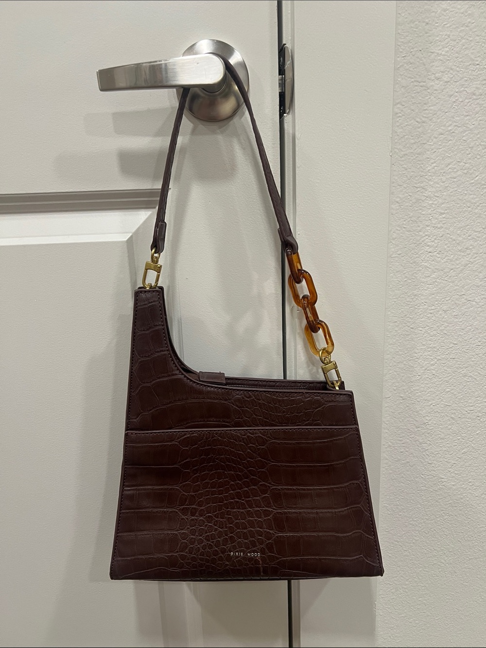 Pixie Mood Dark Brown Croc-Embossed Shoulder Bag with Tortoise-Link Accent